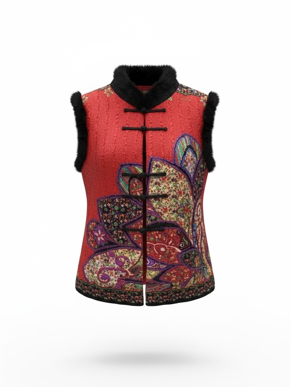 Vintage Red Patchwork Faux Fur Trim Vest